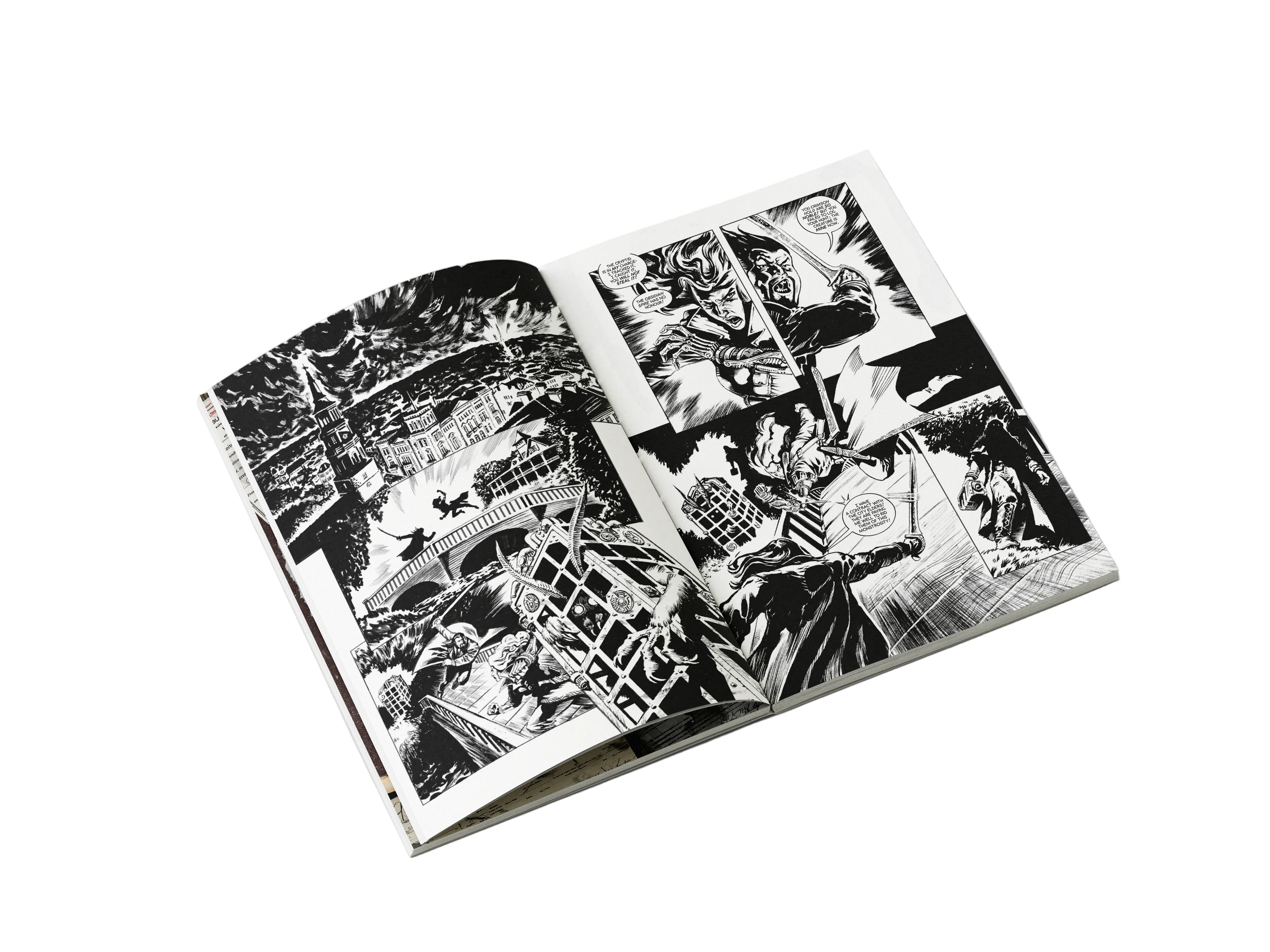 Open comic book with black and white illustrations on a gray background. A Hunters Tale - The Kryptothera Chronicles by Noctilux Games