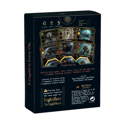 Back of Kryptothera A cryptid in every city board game expansion box showing gameplay details and components
