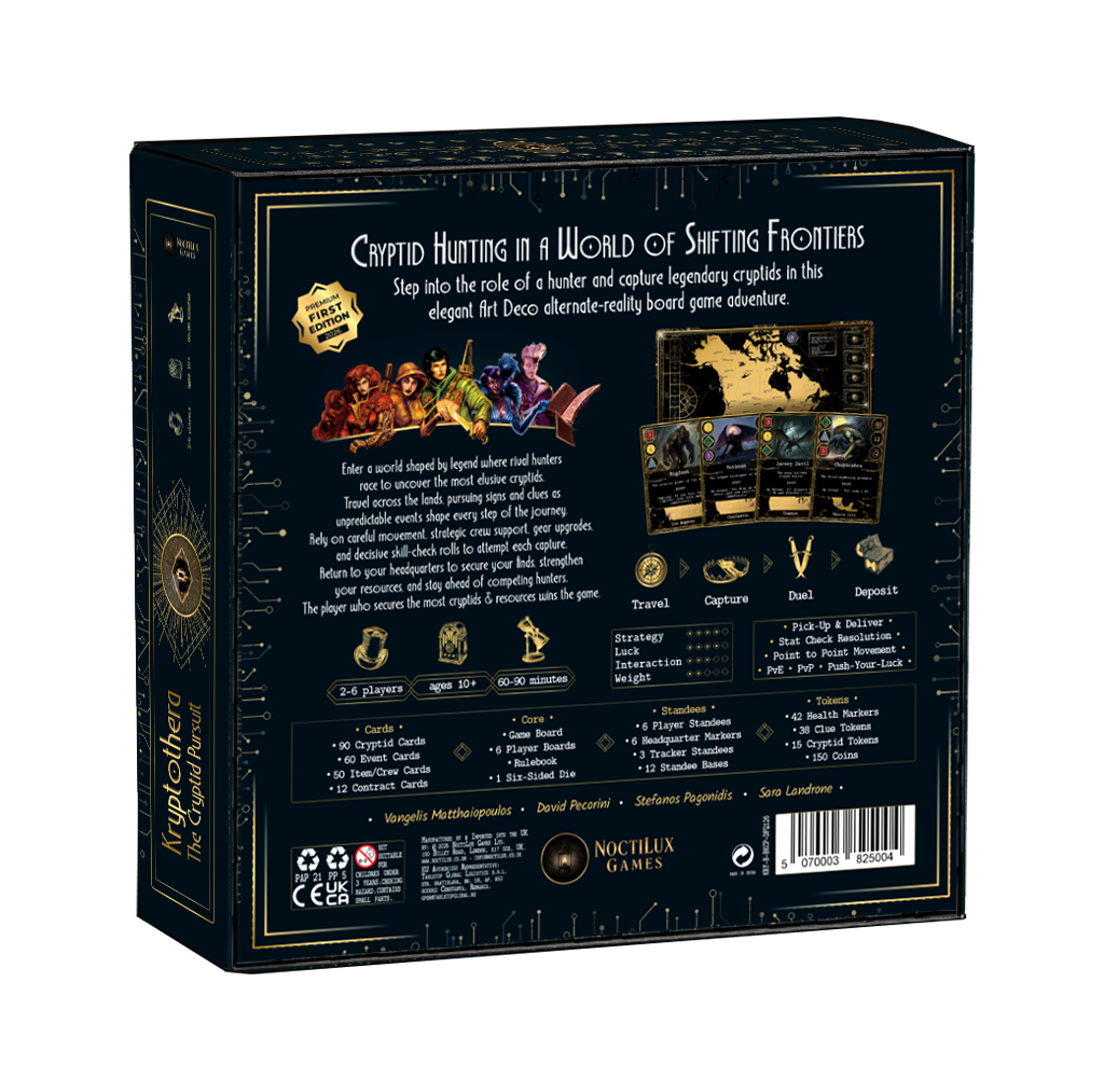 Back of Kryptothera The Cryptid Pursuit board game box showing gameplay details and components