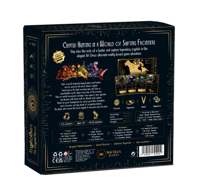 Back of Kryptothera The Cryptid Pursuit board game box showing gameplay details and components