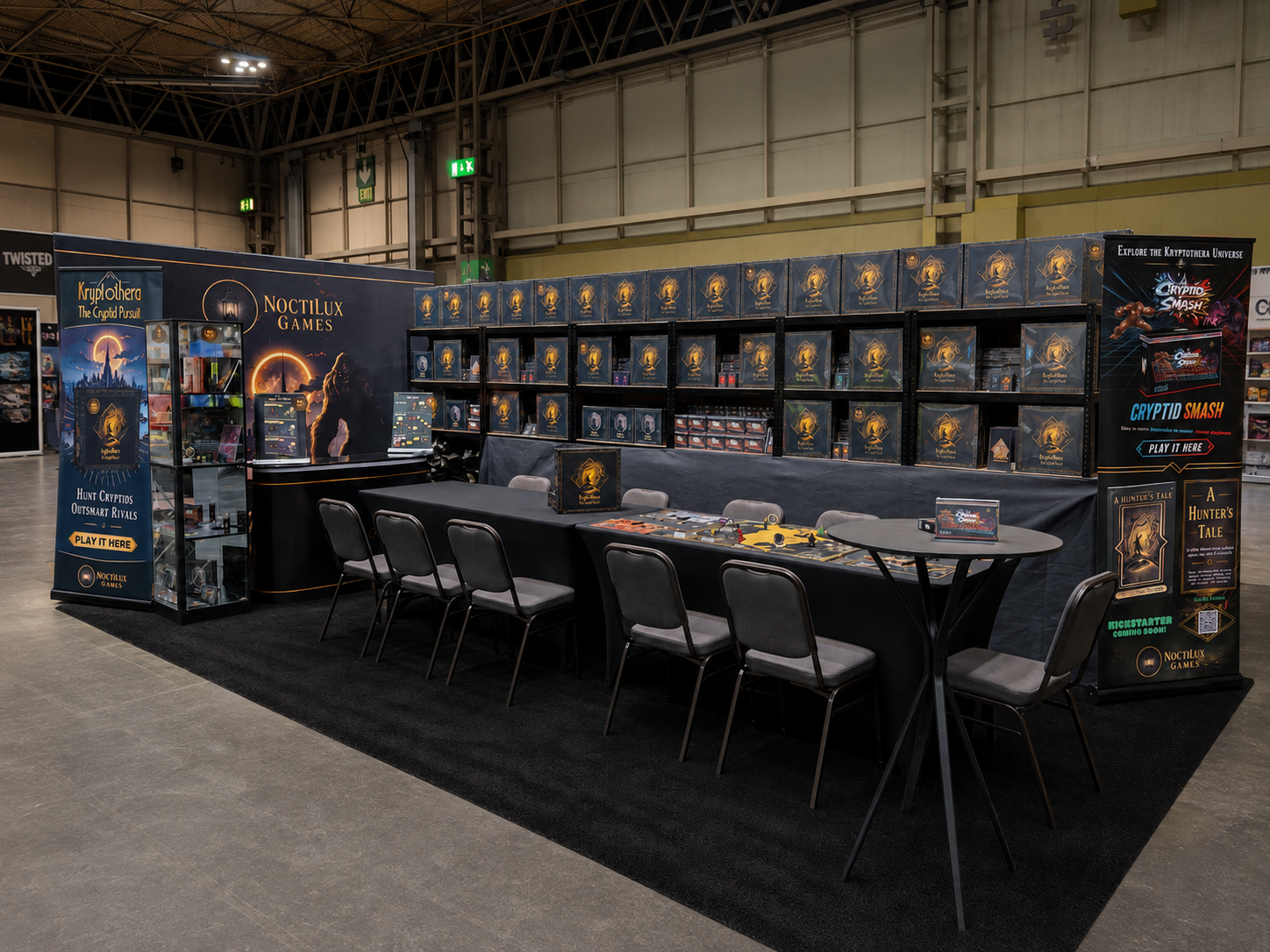 NoctiLux Games exhibition stand at UK Games Expo 2026, featuring Kryptothera: The Cryptid Pursuit, game displays, demo tables and the wider Kryptothera range and NoctiLux Games illustrated books.