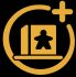 Icon with a circle, plus sign, and check mark on a black background. Player Count Icon for Kryptothera - The Cryptid Pursuit by Noctilux Games
