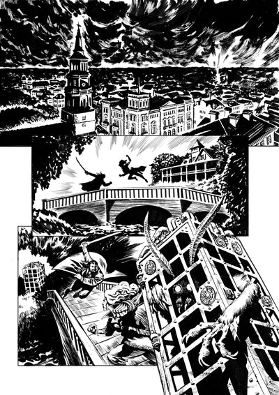 Black and white comic book panel with a cityscape, bridge, and super heroes on a bridge fighting. A Hunters Tale - The Kryptothera Chronicles by Noctilux Games