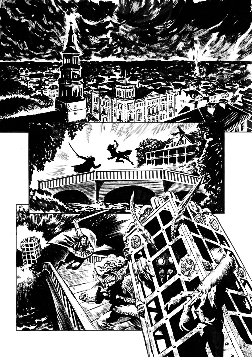 Black and white comic book panel with a cityscape, bridge, and super heroes on a bridge fighting. A Hunters Tale - The Kryptothera Chronicles by Noctilux Games
