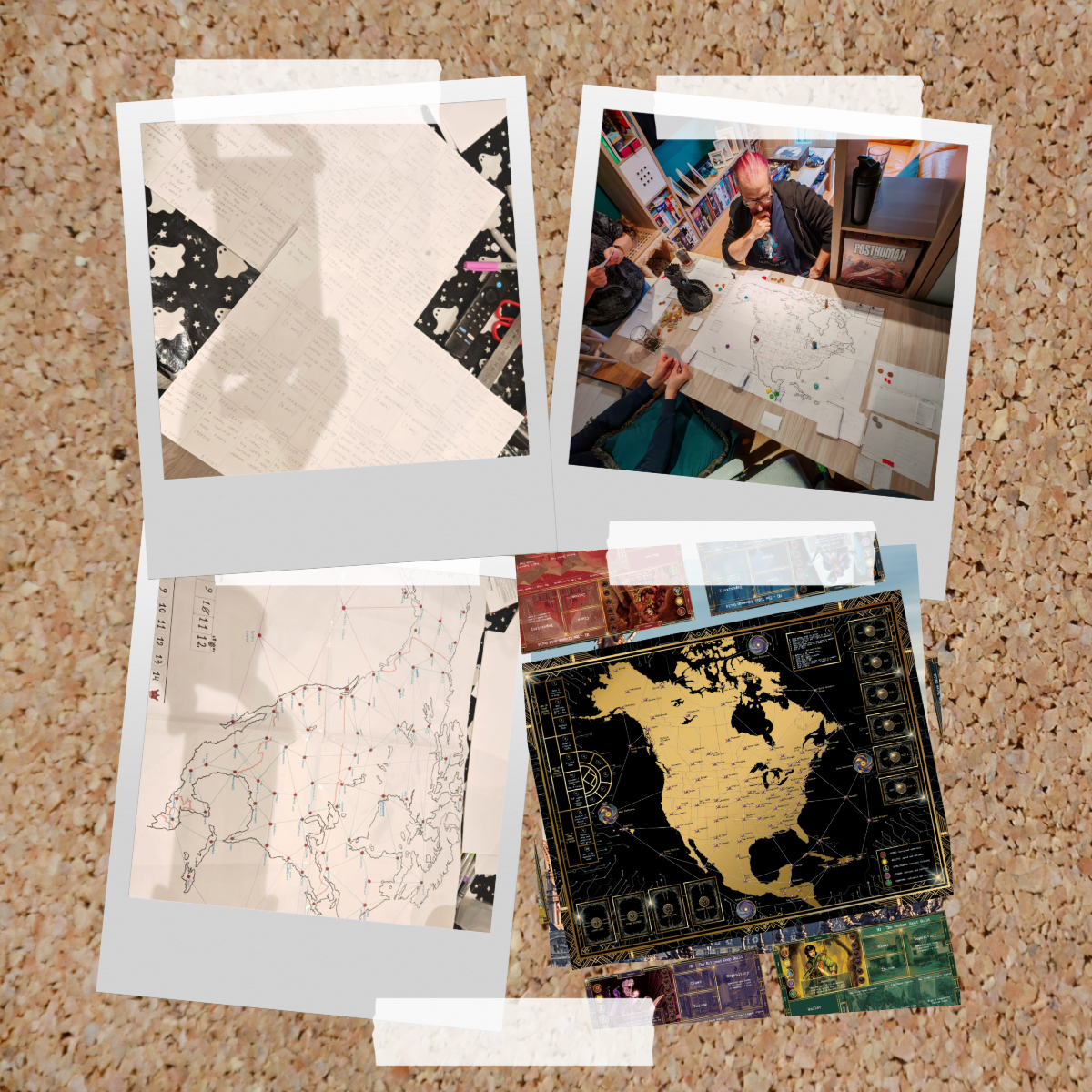 Collage of maps and a world map on a corkboard background. Showing the making of Kryptothera - The Cryptid Pursuit by Noctilux Games