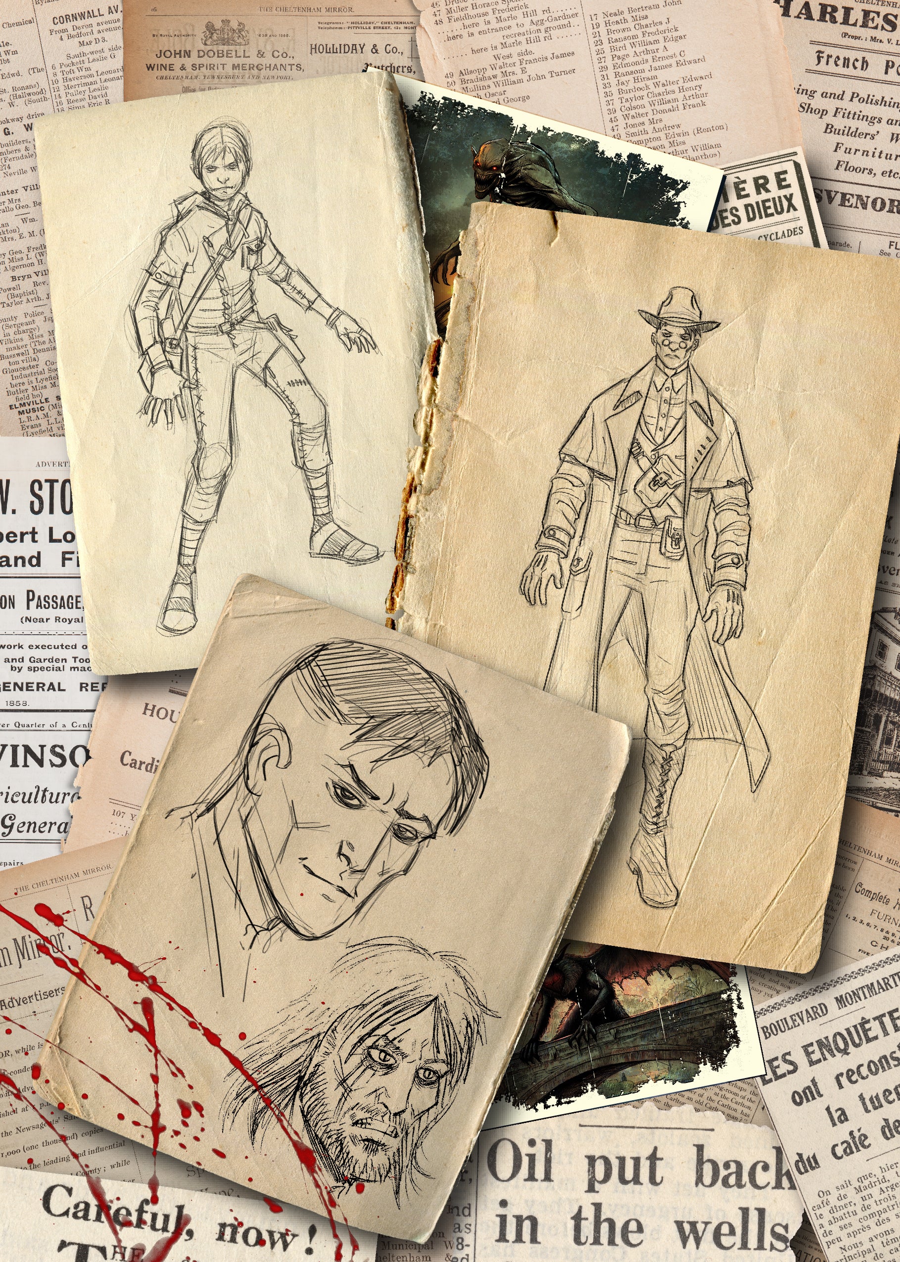 Illustrations of the refugee character on vintage paper with newspaper clippings. A Hunters Tale - The Kryptothera Chronicles by Noctilux Games