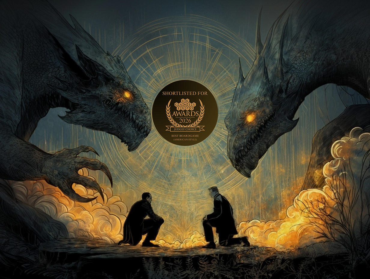 Two dragons facing each other with two people sitting below, set against a mystical background with a shortlisted for the UKGE26 Judges Choice Award emblem. Kryptothera - The Cryptid Pursuit by Noctilux Games