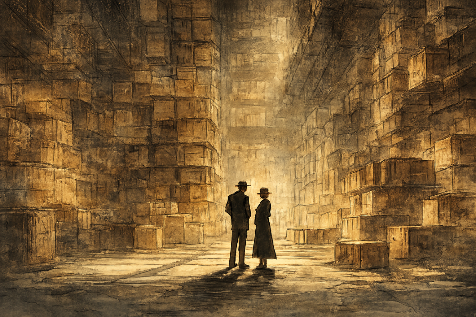 Two Kryptother - The Cryptid Pursuit Characters standing in a vast warehouse filled with stacked wooden crates. A Board Game by Noctilux Games