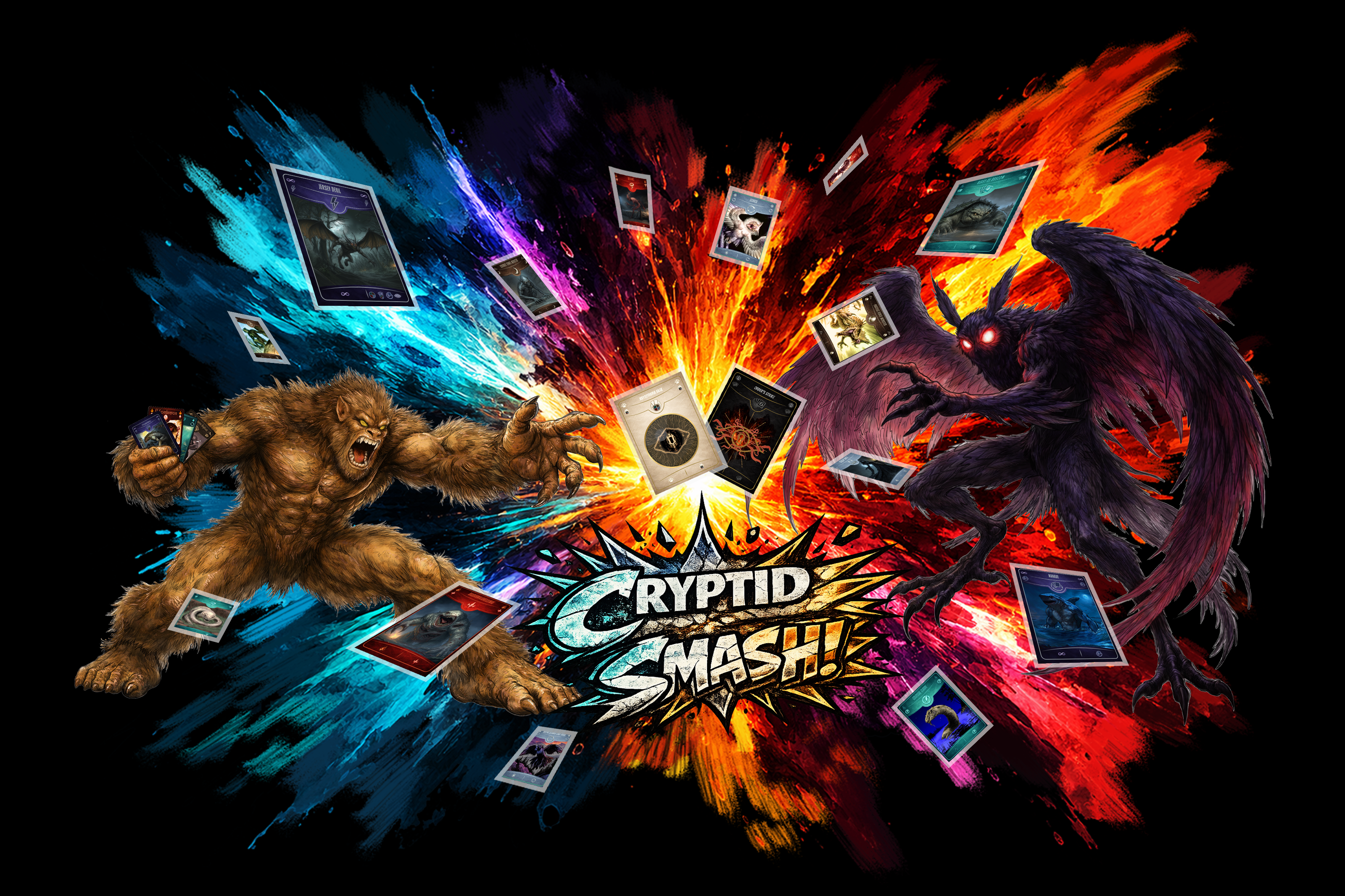 a colourful explosion with mothman and bigfoot fighting by throwing cards at each other and cryptid smash card game logo written in the middle 