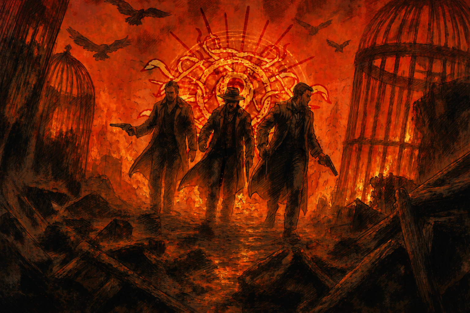 Three characters in a fiery, apocalyptic scene with cages and a glowing order symbol. Kryptothera - The Cryptid Pursuit by Noctilux Games
