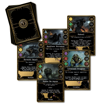 Legendary cryptid cards from Kryptothera A Cryptid in Every City expansion featuring Bermuda Beast, Headless Horseman, Nahual, Loveland Frogman and Madre de Aguas
