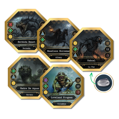 Legendary cryptid tokens from Kryptothera A Cryptid in Every City expansion featuring Bermuda Beast, Headless Horseman, Nahual, Loveland Frogman and Madre de Aguas