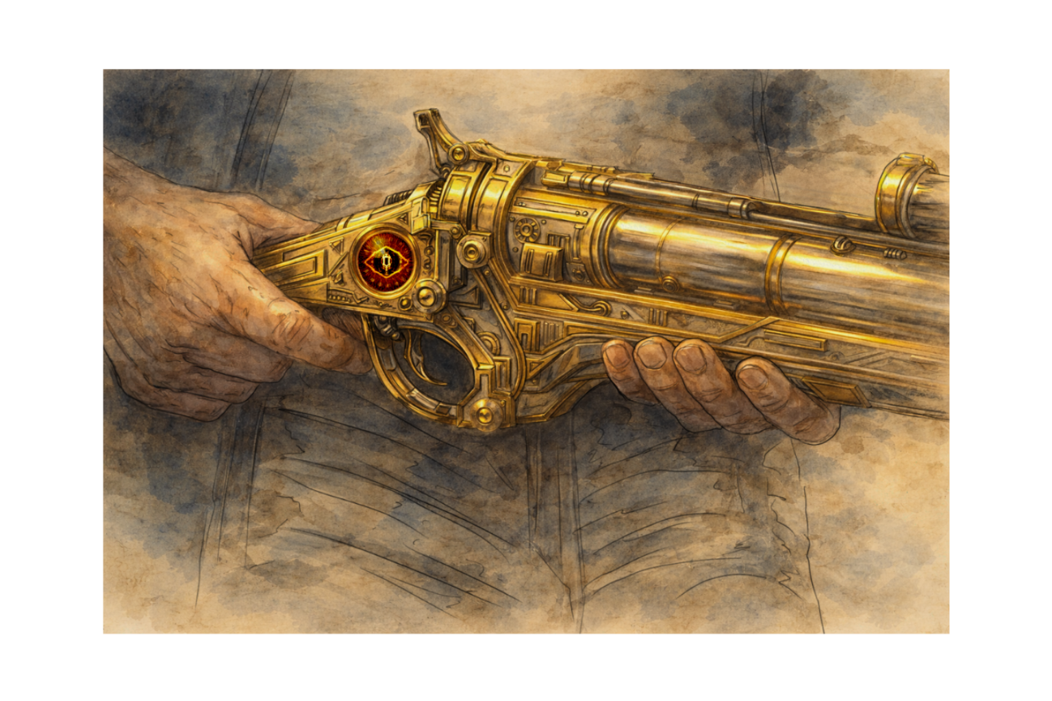 Detailed art deco hunter weapon infused with glowing aether energy in Kryptothera board game artwork