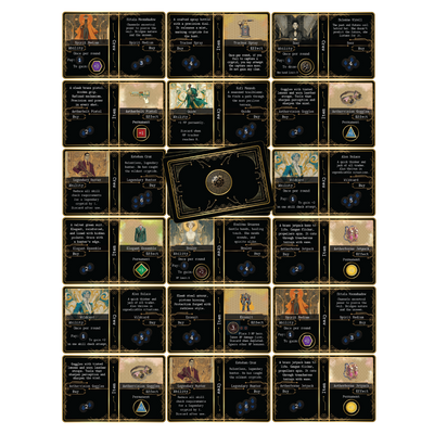 Close-up of Kryptothera board game cards showing items and crew