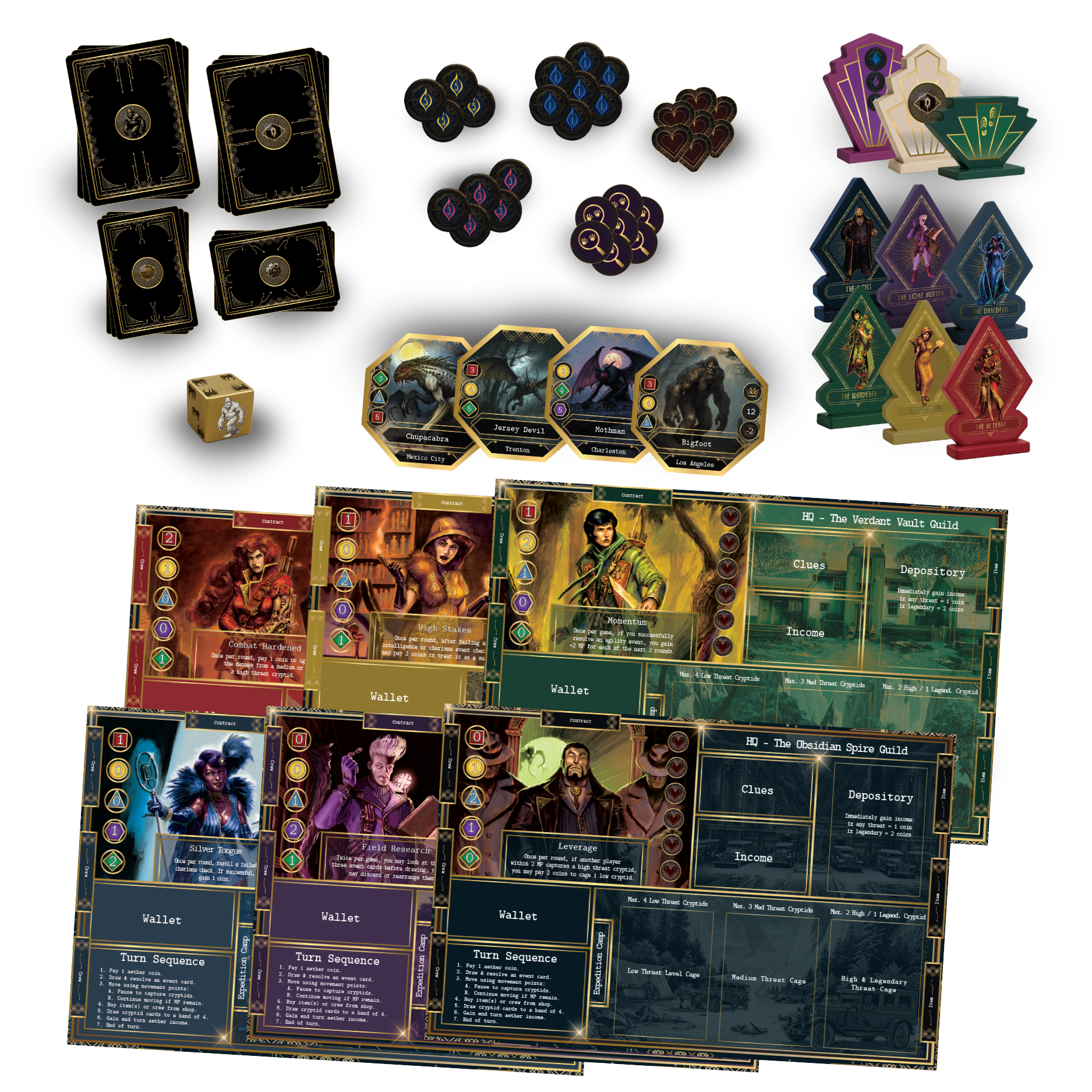 Kryptothera board game components including cards, player boards, tokens, dice, and standees