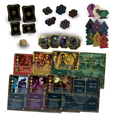 Kryptothera board game components including cards, player boards, tokens, dice, and standees