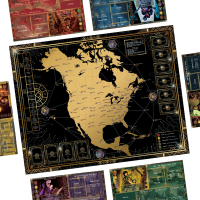 Kryptothera board game setup showing map board, cards, and player areas arranged for play