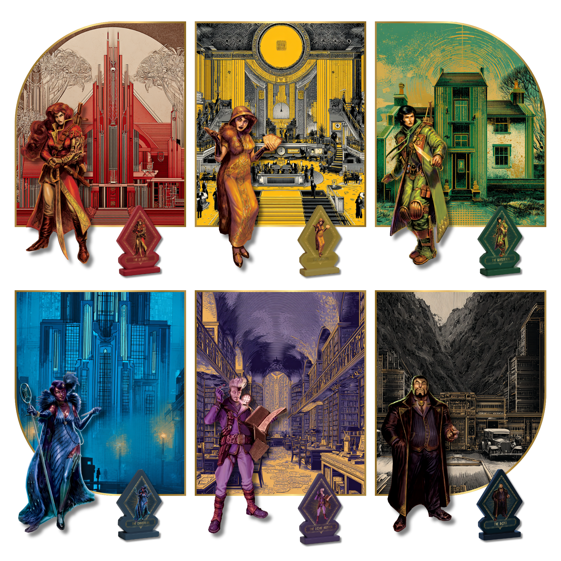 Kryptothera board game characters with their headquarters in art deco style artwork