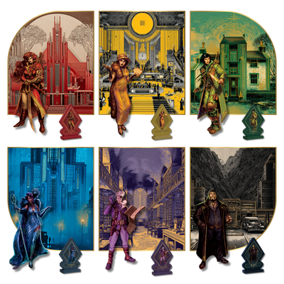 Kryptothera board game characters with their headquarters in art deco style artwork
