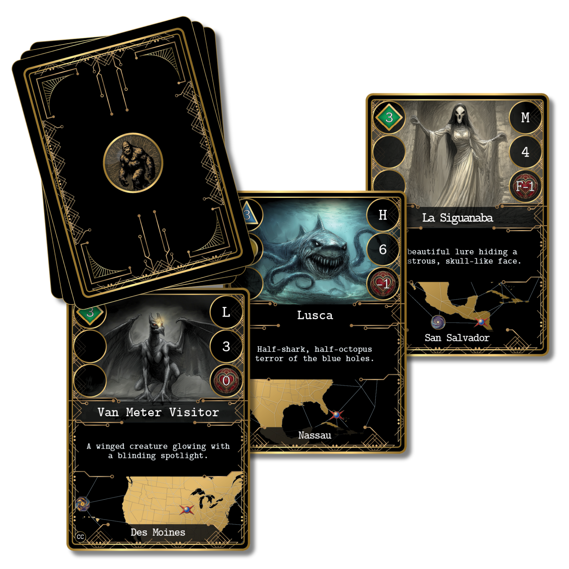 Cryptid cards from Kryptothera A Cryptid in Every City expansion featuring Lusca, La Siguanaba and Van Meter Visitor