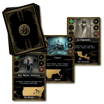 Cryptid cards from Kryptothera A Cryptid in Every City expansion featuring Lusca, La Siguanaba and Van Meter Visitor