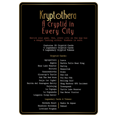 Kryptothera A Cryptid in Every City expansion contents and list of included cryptid cards