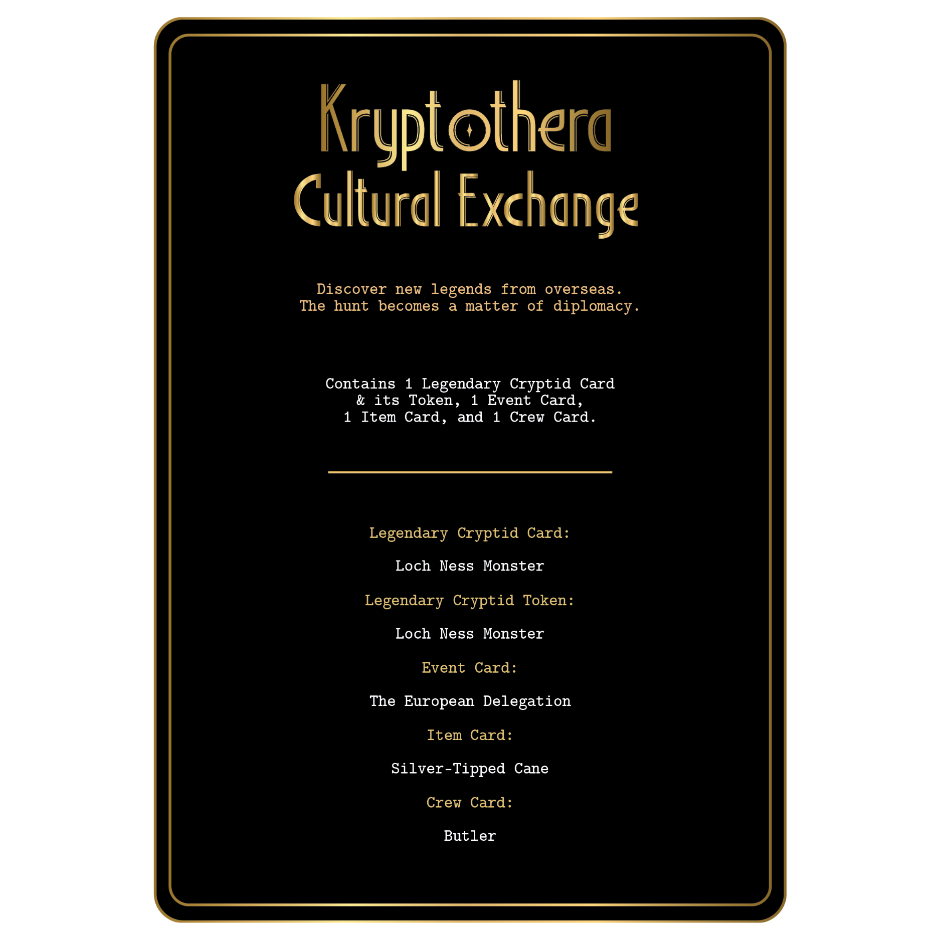Contents list for Kryptothera Cultural Exchange expansion including Loch Ness Monster card and token, event card, item card and crew card