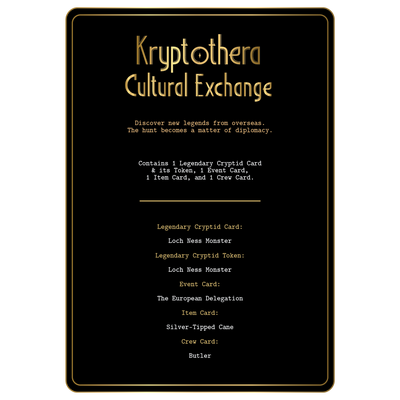 Contents list for Kryptothera Cultural Exchange expansion including Loch Ness Monster card and token, event card, item card and crew card