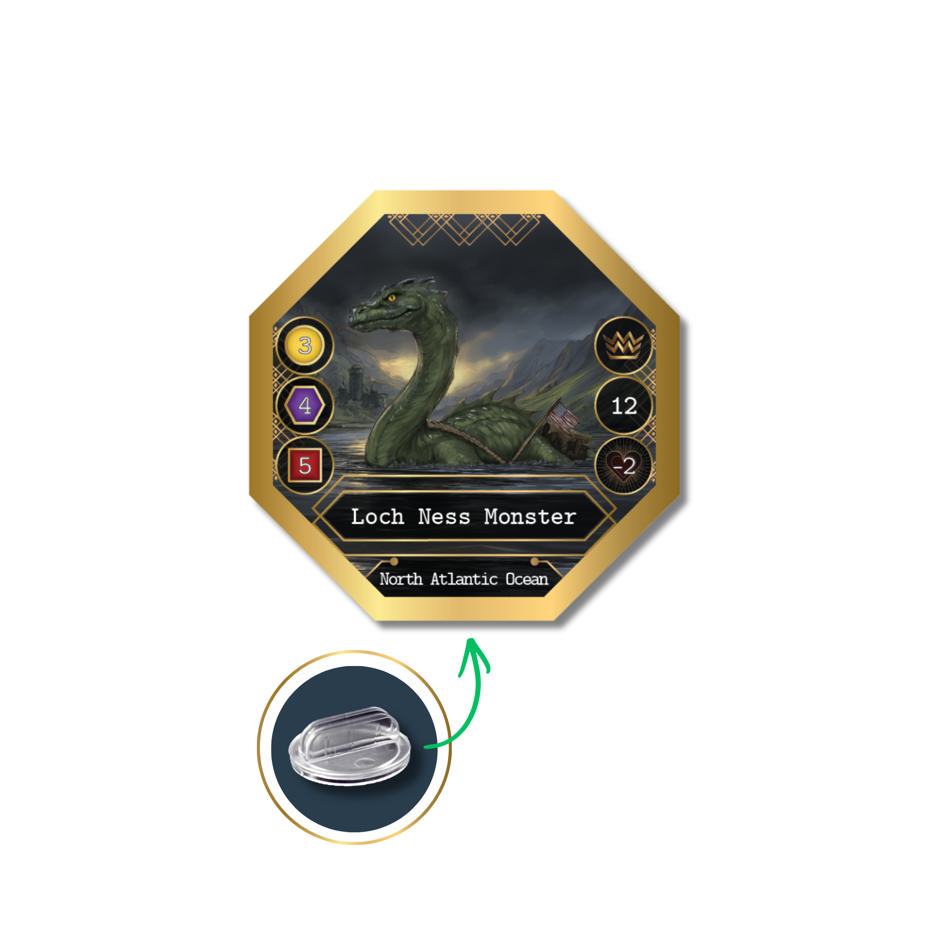 Loch Ness Monster legendary token from Kryptothera Cultural Exchange expansion with plastic stand