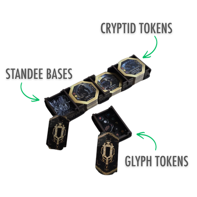 Kryptothera Custom Inlay trays showing organised storage for cryptid tiles, tokens, and small game components