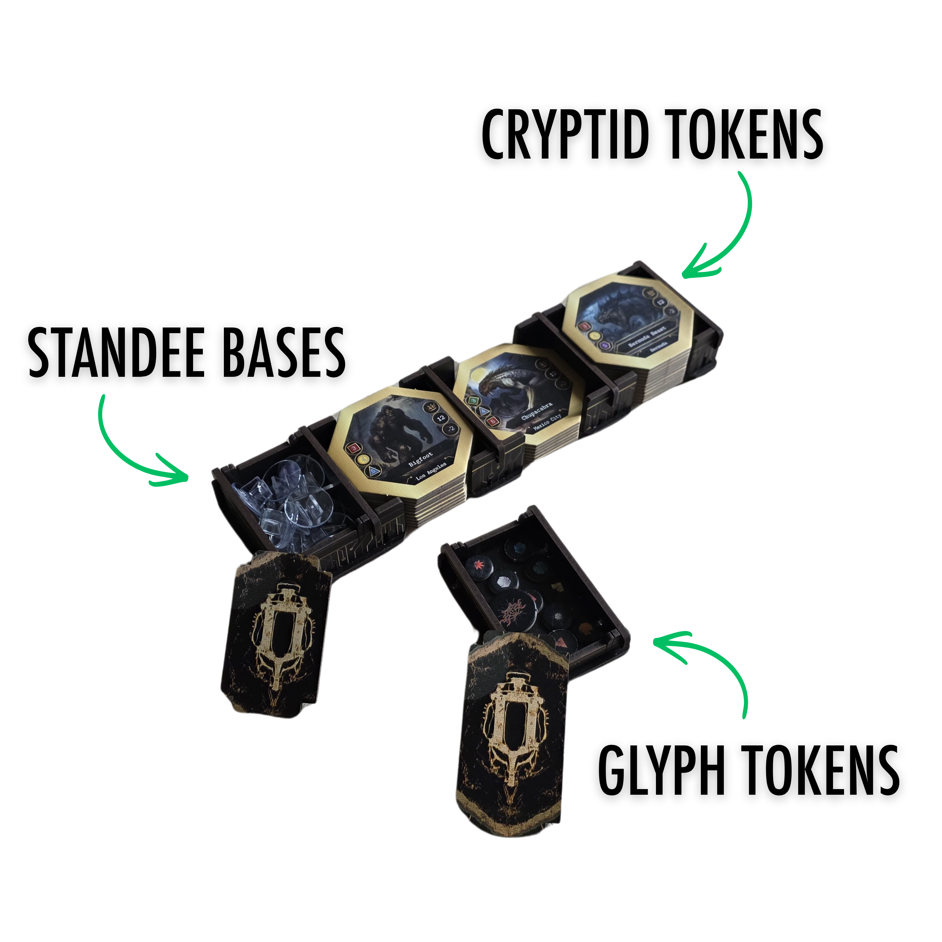 Kryptothera Custom Inlay trays showing organised storage for cryptid tiles, tokens, and small game components