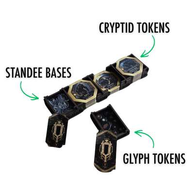 Kryptothera Custom Inlay trays showing organised storage for cryptid tiles, tokens, and small game components
