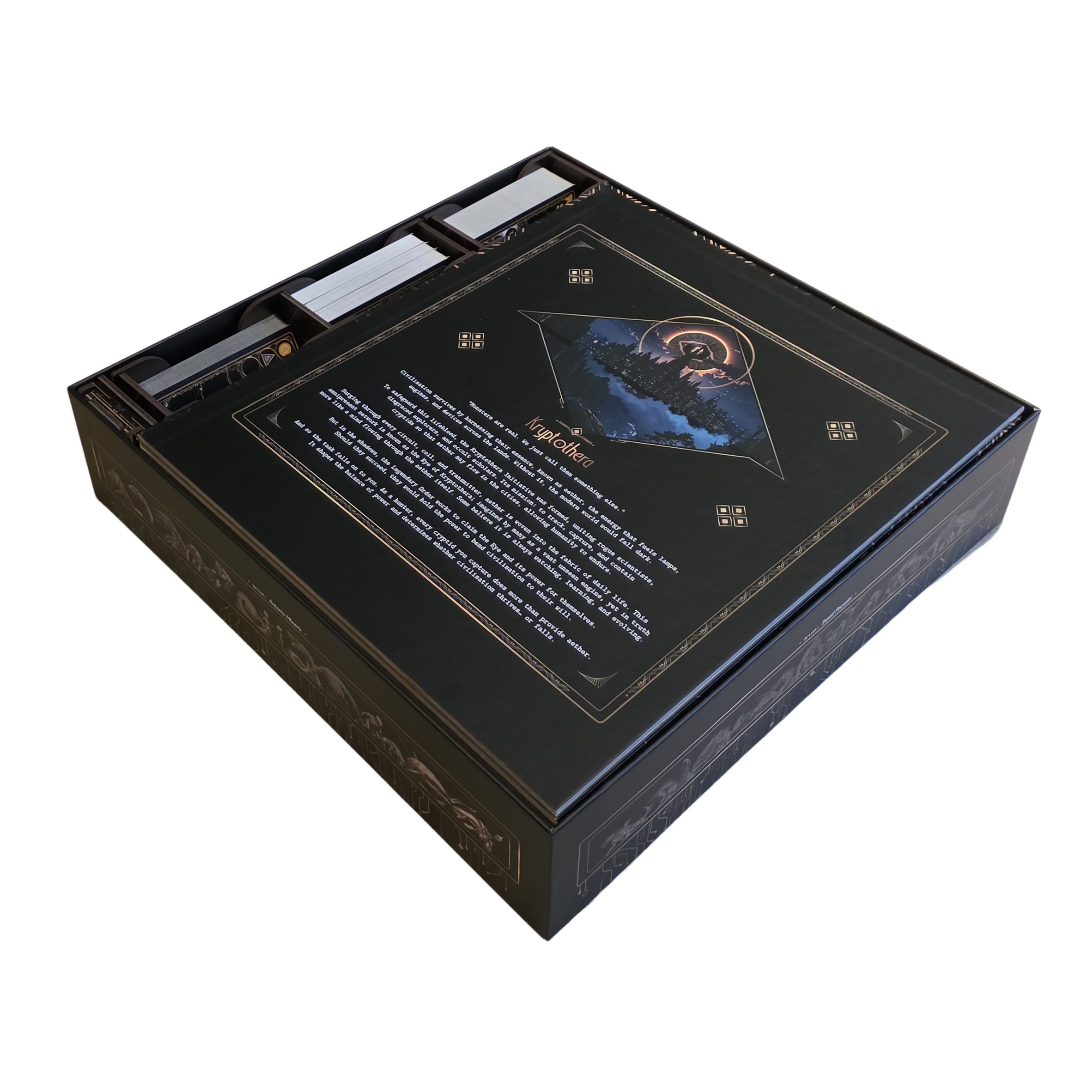 Kryptothera Custom Inlay inside the base game box layered with game board on top
