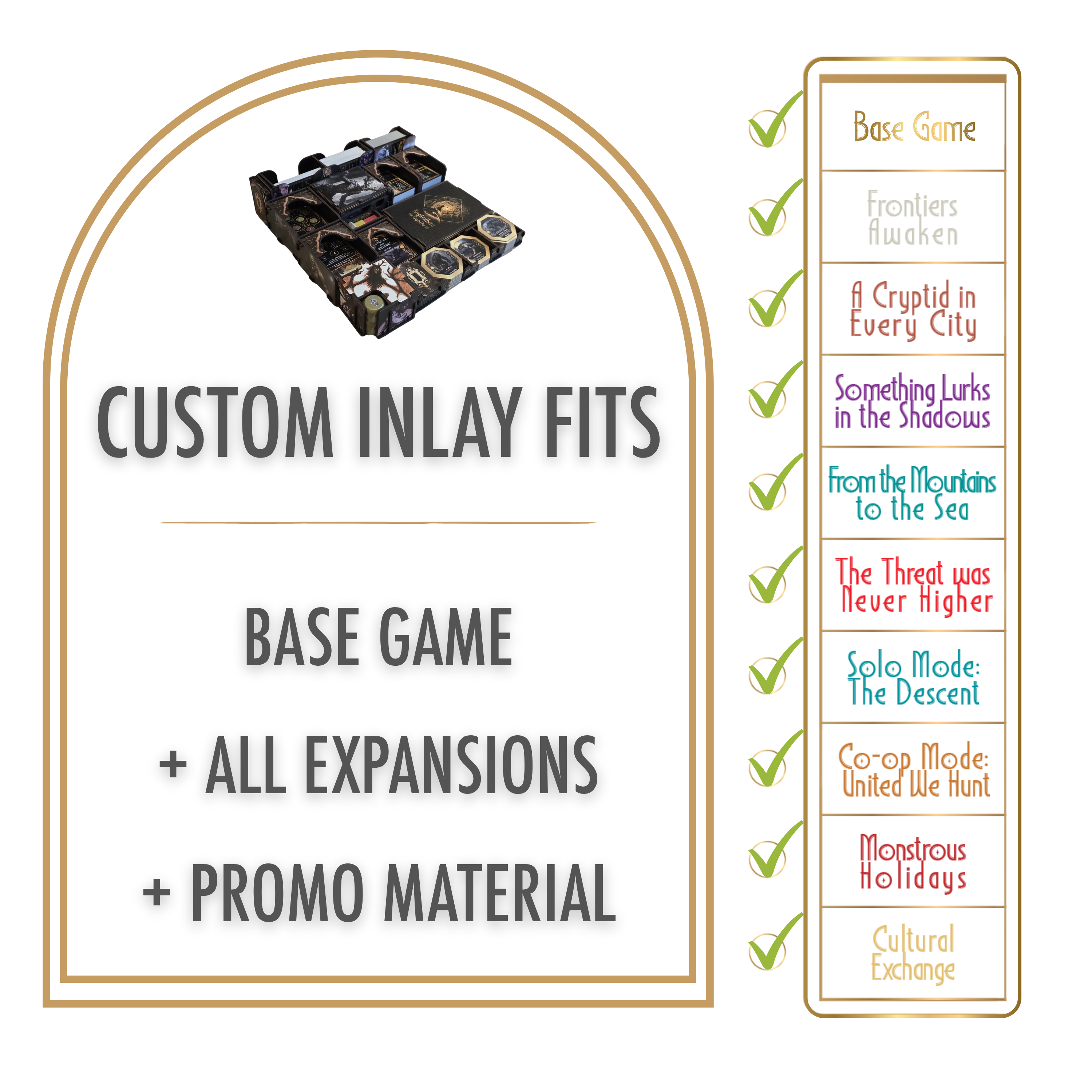 Kryptothera Custom Inlay compatibility guide showing that the organiser fits Kryptothera: The Cryptid Pursuit base game, current expansions, and promo material, including Frontiers Awaken, A Cryptid in Every City, Something Lurks in the Shadows, From the Mountains to the Sea, The Threat Was Never Higher, Solo Mode: The Descent, Co-op Mode: United We Hunt, Monstrous Holidays, and The Cultural Exchange.