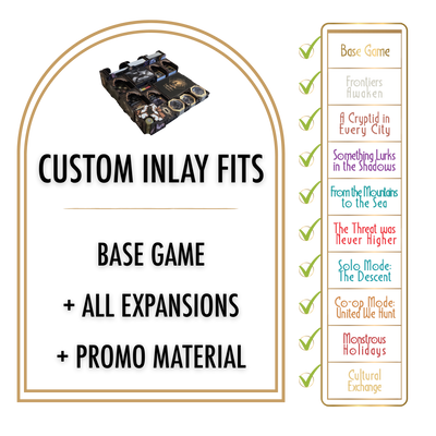 Kryptothera Custom Inlay compatibility checklist showing storage for the base game and all Kryptothera expansions