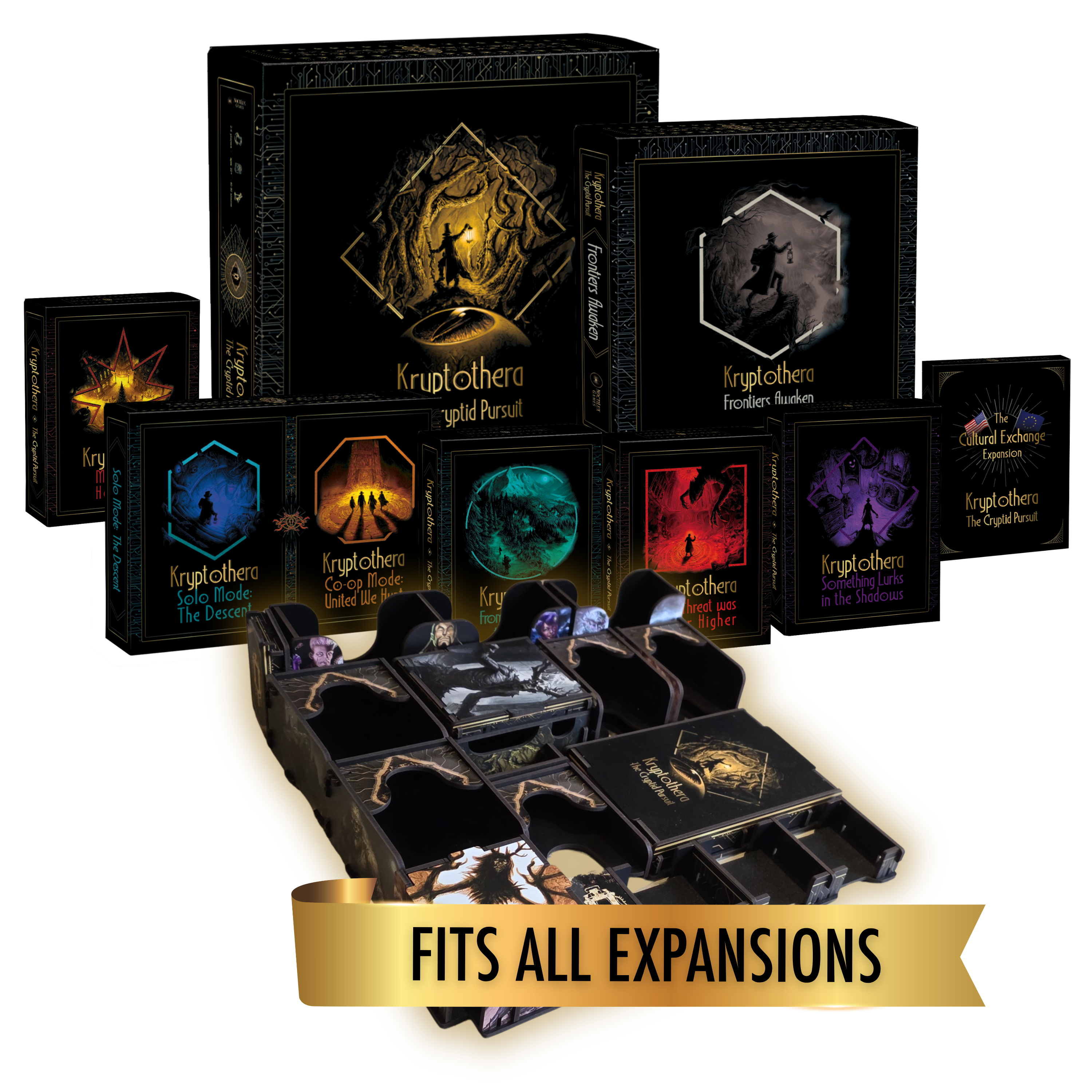 Kryptothera Custom Inlay storage solution shown with the base game and expansions, highlighting that it fits the full collection