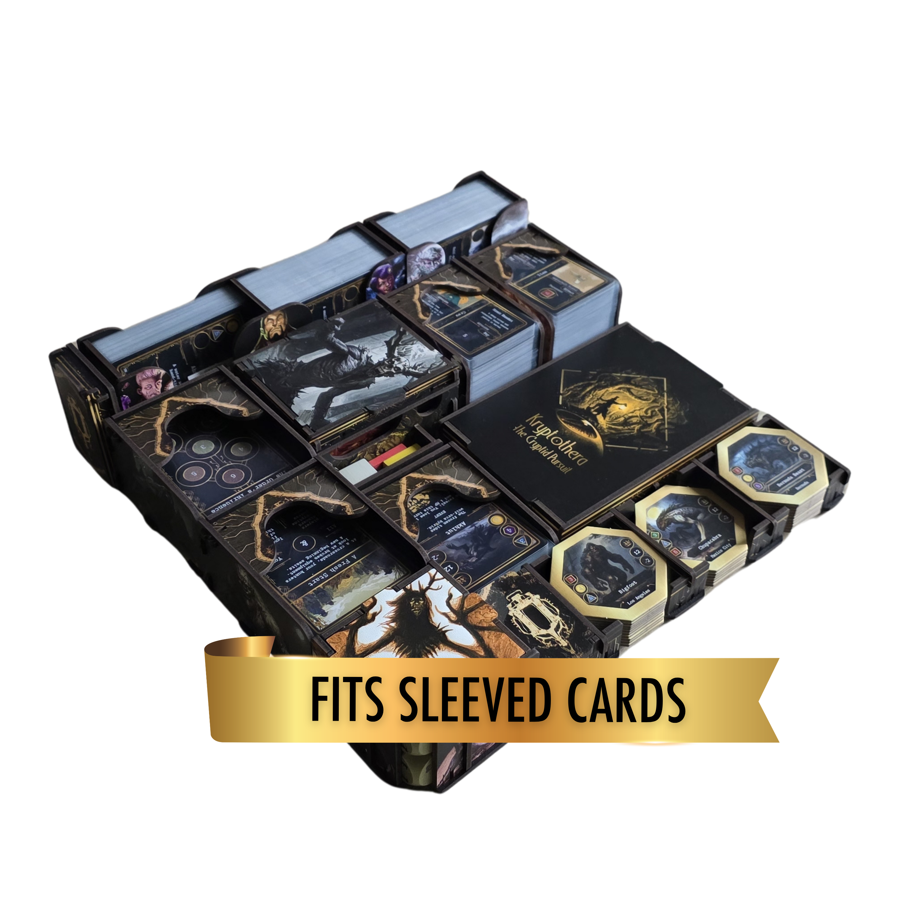 Kryptothera Custom Inlay loaded with sleeved cards, showing card storage for the base game and expansions
