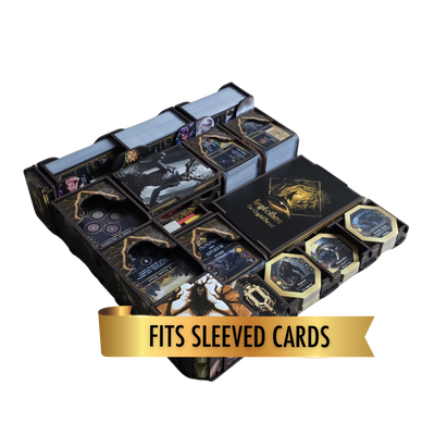 Kryptothera Custom Inlay loaded with sleeved cards, showing card storage for the base game and expansions