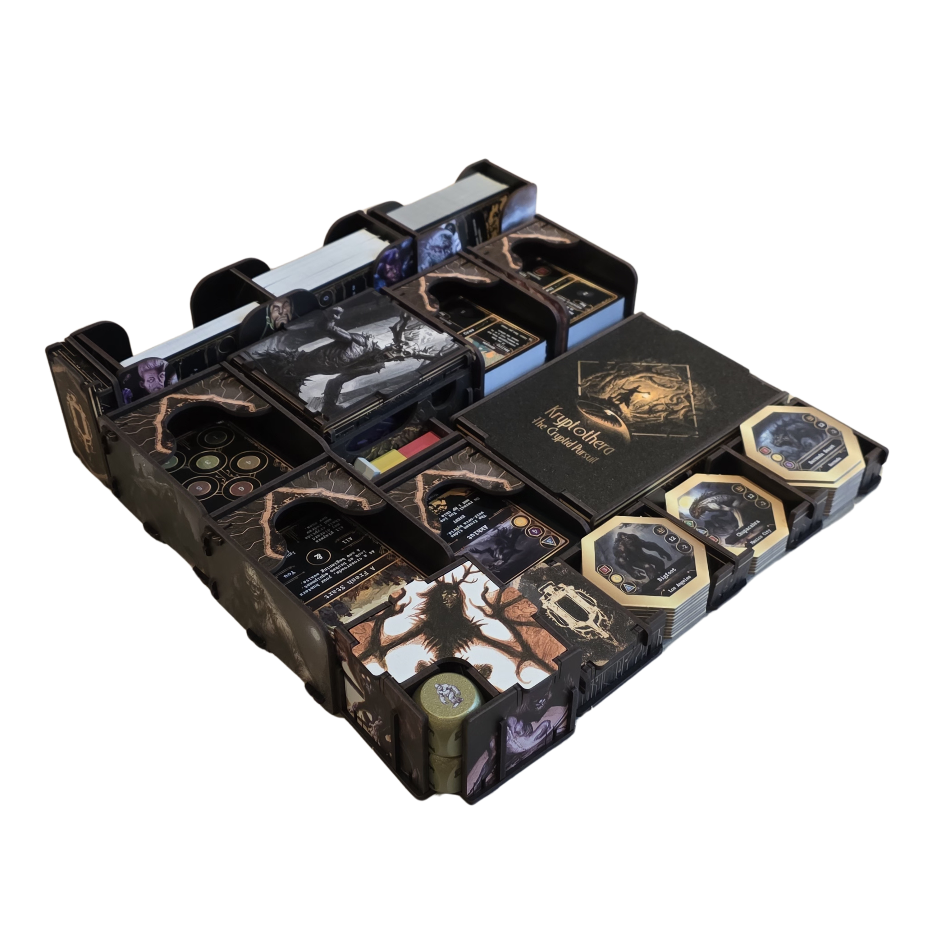 Kryptothera Custom Inlay fully loaded with cards, tokens, trays, and components for Kryptothera: The Cryptid Pursuit