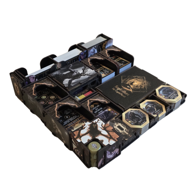 Kryptothera Custom Inlay fully loaded with cards, tokens, trays, and components for Kryptothera: The Cryptid Pursuit