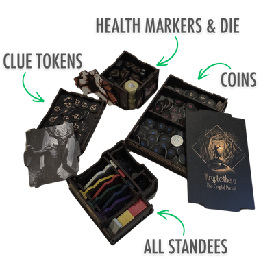 Removable trays from the Kryptothera Custom Inlay showing organised storage for tokens, markers, and components