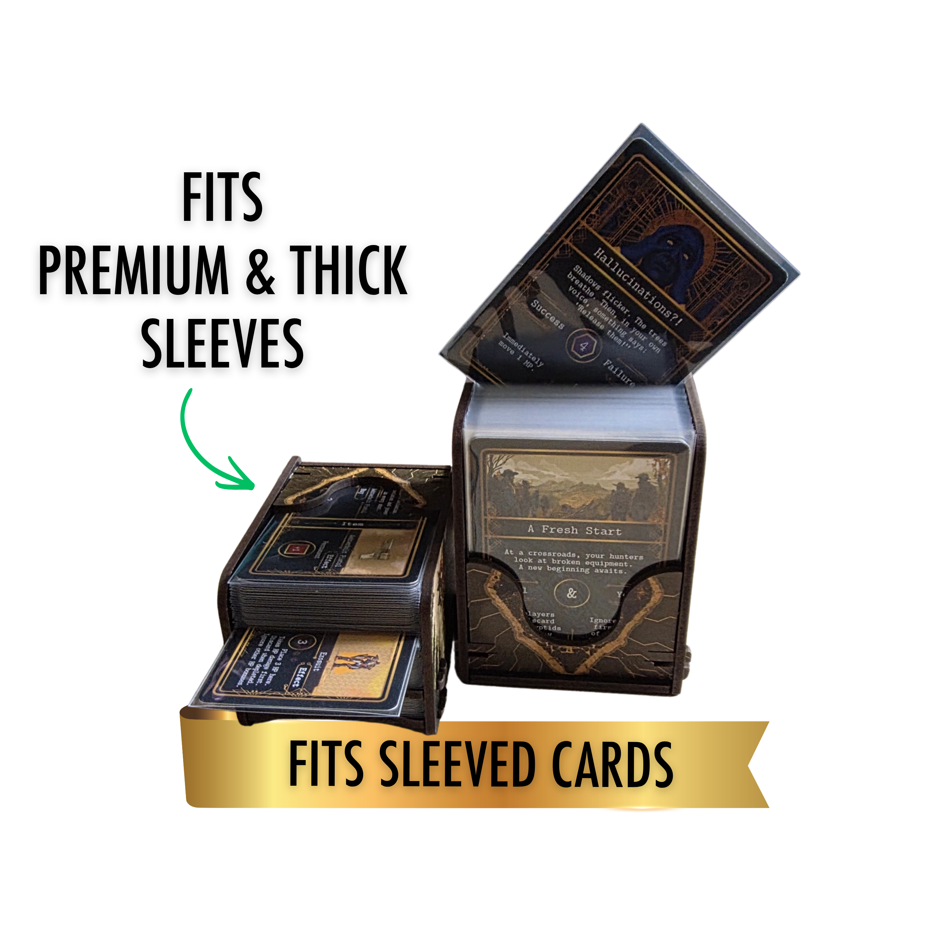 Kryptothera Custom Inlay card trays showing extra thickness sleeved cards stored upright and ready for play