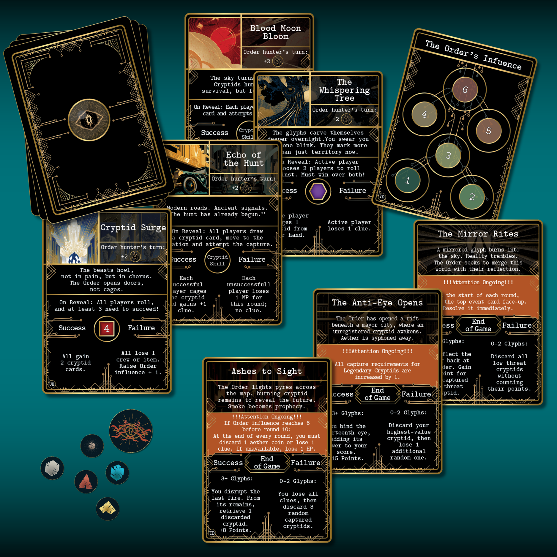 Solo mode event cards for Kryptothera The Descent featuring Order influence system and dynamic solo gameplay effects