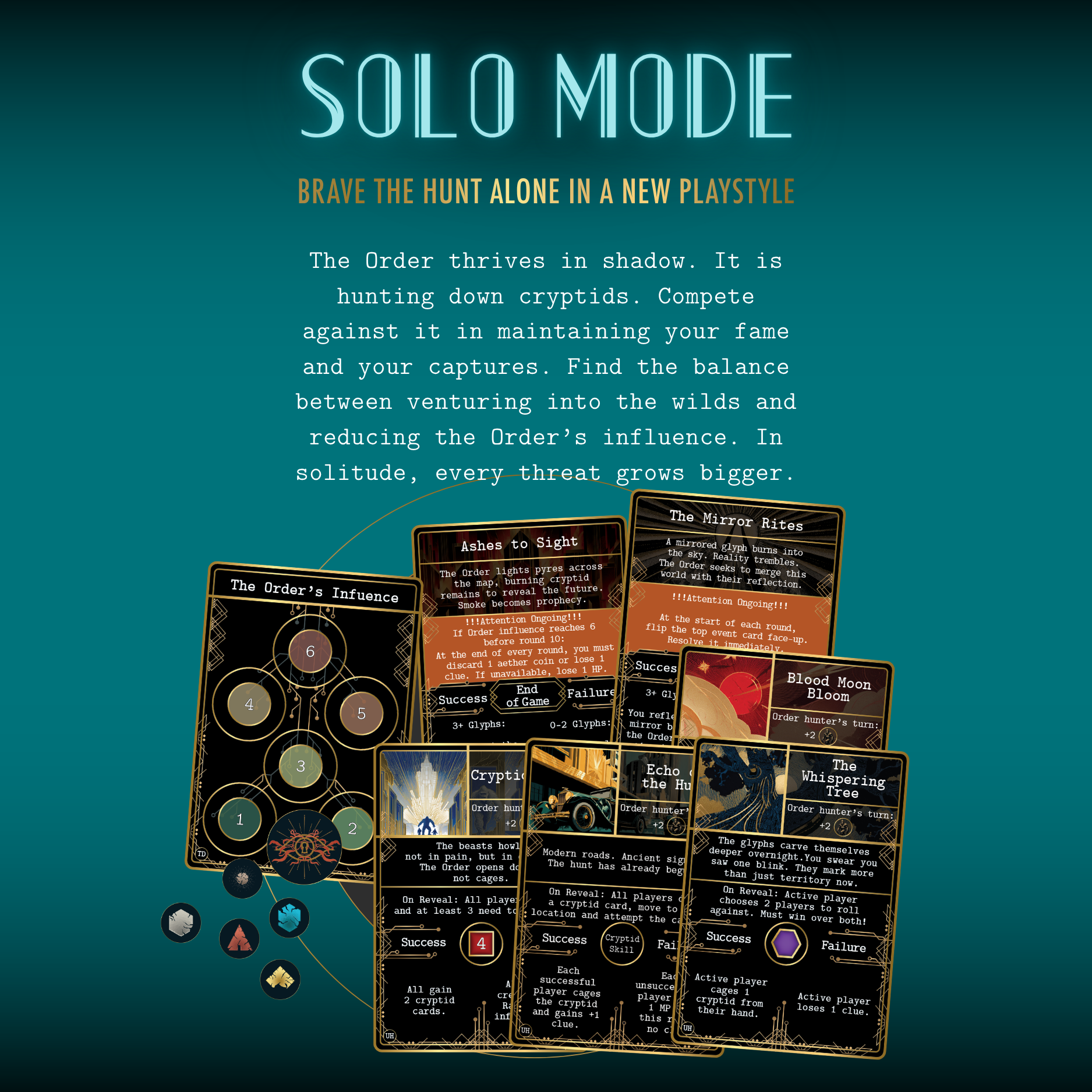 Solo mode expansion for Kryptothera The Descent featuring new gameplay rules, Order influence system and solo event cards