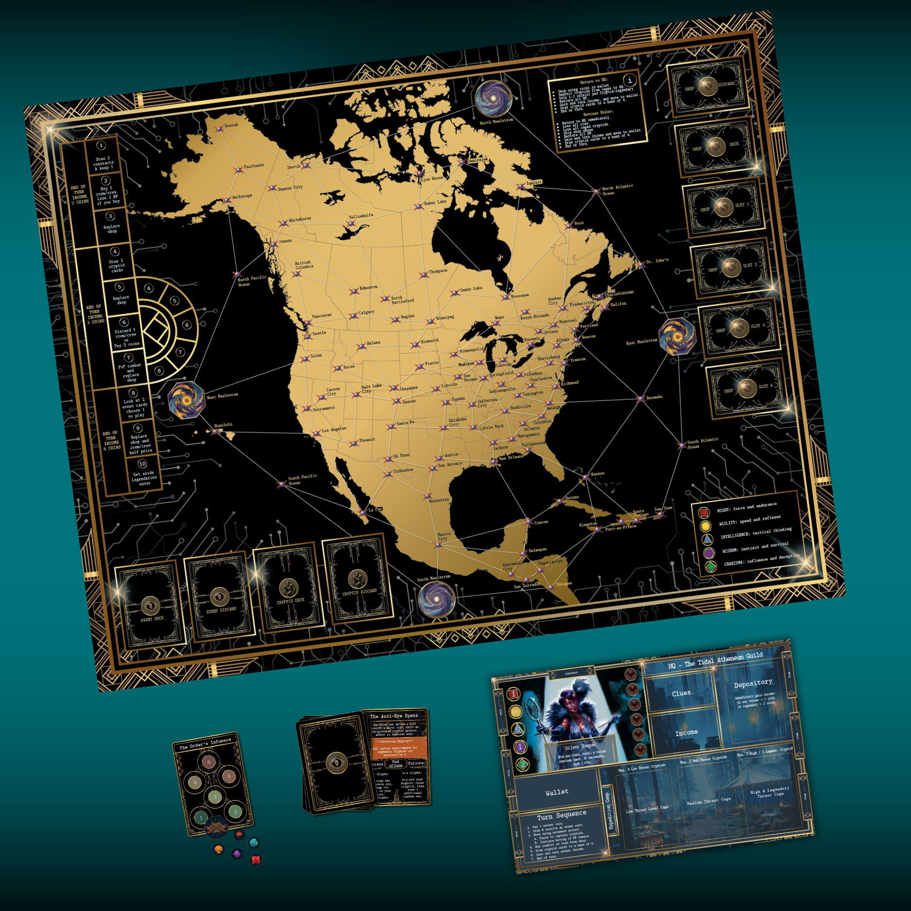 Solo mode map setup for Kryptothera The Descent showing board layout, player area and Order influence system components