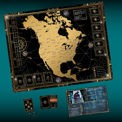 Solo mode map setup for Kryptothera The Descent showing board layout, player area and Order influence system components