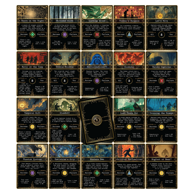 Kryptothera board game event cards showing different scenarios and outcomes