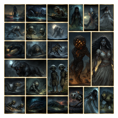 Cryptid artwork from Kryptothera From the Mountains to the Sea expansion featuring creatures from forests, mountains and oceans
