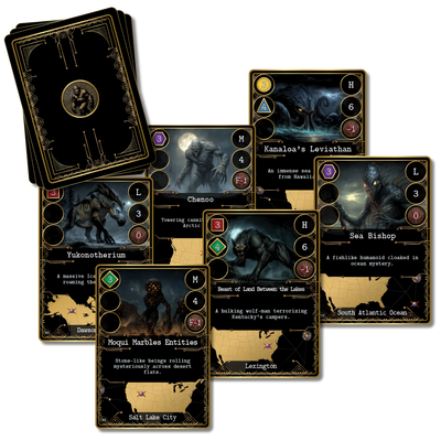 Cryptid cards from Kryptothera From the Mountains to the Sea expansion featuring land and sea folklore creatures