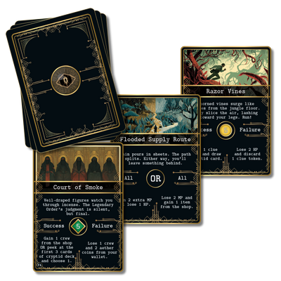 Event cards from Kryptothera Frontiers Awaken expansion featuring risk and reward decisions with success and failure outcomes